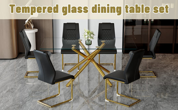 English Elm Table Set - Modern 7-Piece Dining Set With Transparent Tempered Glass Top & 6 Black Pu Chairs, Gold Legs W1151S02589-GIGA