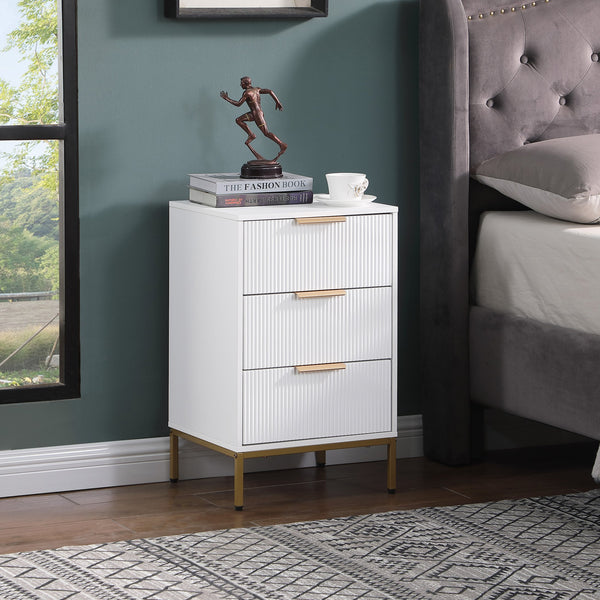 English Elm Nightstand with Drawer | 3-Tier Modern Bedside Table with Hidden Drawer, Open Shelves, Sturdy Build White+Gold 27.4 L x 17.9 W x 6.3 H W3151P345786