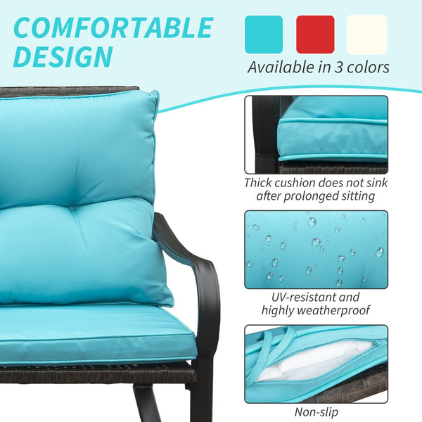 English Elm Metal Outdoor 2-Person Rocking Patio Set with Handwoven Wicker, Plush Cushions & Sturdy Table Blue W1859P399625