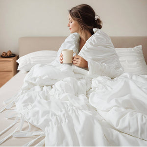 English Elm 2pcs Shabby Chic Ruched Comforter Set Bow Trim Brushed Polyester Fill Romantic Bedroom White B035P341082