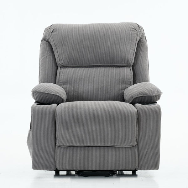 English Elm Gray Corduroy Recliner with Heated Massage, Remote & Assistive Lift, Cup Tray for Seniors Comfort W570P320447