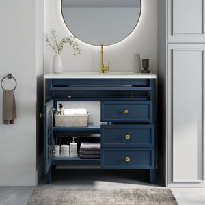 English Elm 35.6" Freestanding Bathroom Vanity with Roman Column Base and Ceramic Integrated Sink Blue W1801S00012
