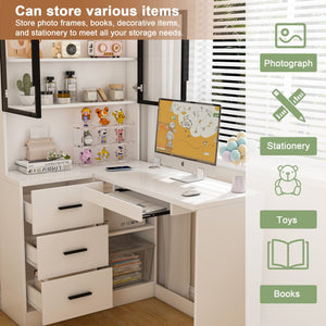 English Elm Computer Corner L-Shaped Desk with Glass Cabinets, Built-In LED, USB Ports, Keyboard Tray, Ergonomic Design White W2699P345803