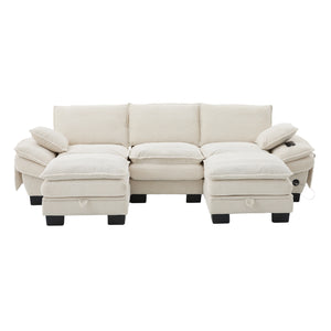 English Elm Sectional Cloud Sofa Modular Deep Seat Corduroy Upholstered Living Room Couch with Storage Beige W395S00129