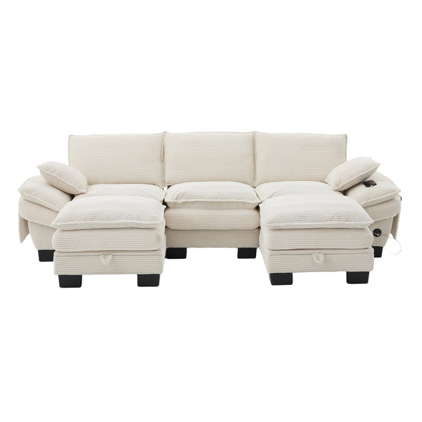 English Elm Sectional Cloud Sofa Modular Deep Seat Corduroy Upholstered Living Room Couch with Storage Beige W395S00129