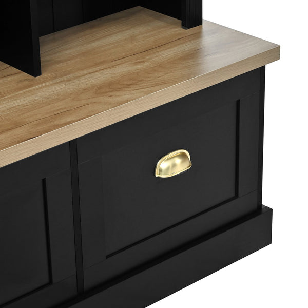 English Elm Farmhouse Hall Tree with Triple Arch Back Panel Eight Hooks Drawers and Entryway Bench Black N721S000062B