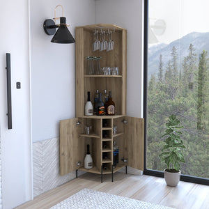 English Elm Corner Bar Cabinet with Ten Built-In Wine Slots, Cup Rack & Spacious Top Shelf for Entertaining Beige 28.74 L x 22.44 W x 4.72 H B097S00170