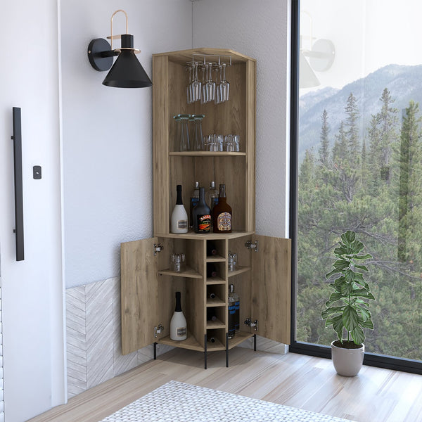 English Elm Corner Bar Cabinet with Ten Built-In Wine Slots, Cup Rack & Spacious Top Shelf for Entertaining Beige 28.74 L x 22.44 W x 4.72 H B097S00170