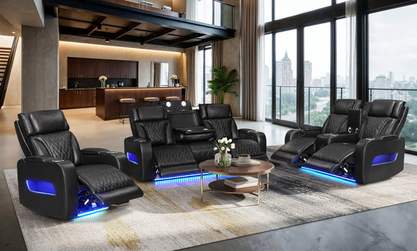 English Elm Jazmina Power Reclining Living Room Set with Bluetooth Led and Wireless Charging Black B2749S00278