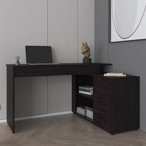 English Elm Upton L-Shape Desk in Black Wengue Finish — Corner Space-Saving Home Office with Open Shelves B200P362021