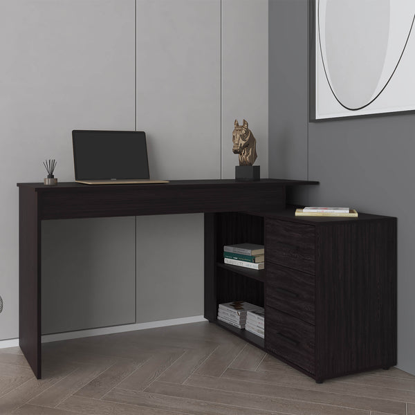 English Elm Upton L-Shape Desk in Black Wengue Finish — Corner Space-Saving Home Office with Open Shelves B200P362021