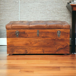 English Elm Solid Wood Buffalo Leather Upholstered Storage Trunk – Rustic Chestnut Bench & Hidden Compartment B182P280800-GIGA