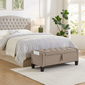 English Elm Ottoman Storage Bench Tufted Linen Upholstered Entryway Seat with Lift Top Shelf Linen W2186P469999