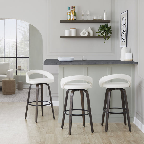 English Elm Fixed-height Swivel Barstools Bentwood Walnut Base Faux Leather Seat Set of 2 B202S01911