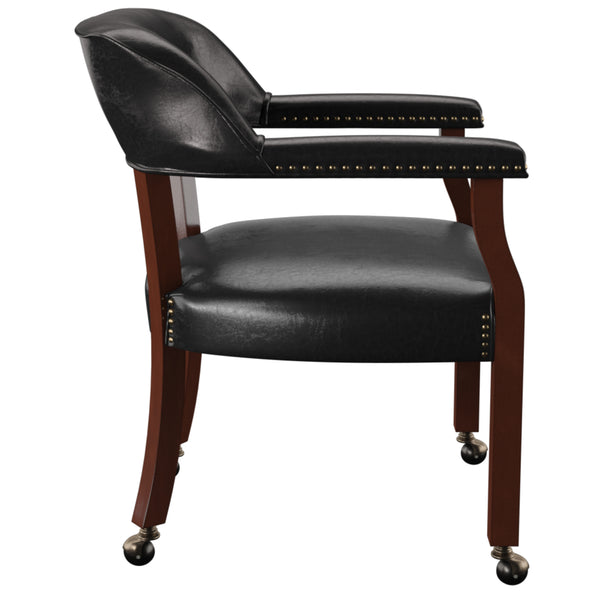 English Elm Steve Silver - Tournament Captain Arm Chair with Casters, Faux Leather Black, Nailhead Trim, Medium Cherry Pedestal Base - Swivel Comfort & Game-Ready Design B081P157446