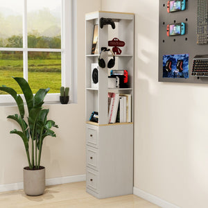 English Elm 73" Slim Tower Cabinet Antique White Mdf with Drawers Hooks and Display Shelves W1120P327084
