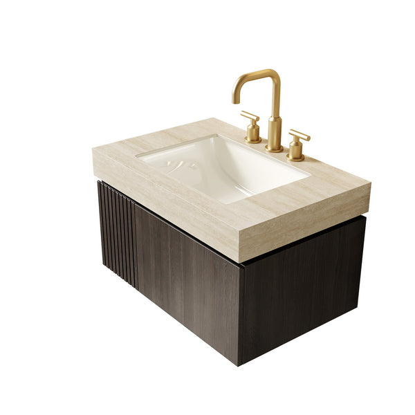 English Elm Muri Floating Bathroom Vanity Plywood Cabinet Travertine Stone Top Espresso Woodgrain W2615S00613