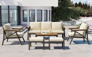 English Elm 6-piece Outdoor Conversation Set with Acacia Wood Accents and Steel Frame Patio Seating Brown,Cream Beige N704G201256A