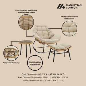 English Elm Benson 3-Piece Lounge Set Cream – Weatherproof PE Rattan, Tufted Cushions, Tempered Glass Table B365P397651