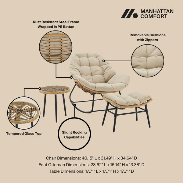 English Elm Benson 3-Piece Lounge Set Cream – Weatherproof PE Rattan, Tufted Cushions, Tempered Glass Table B365P397651