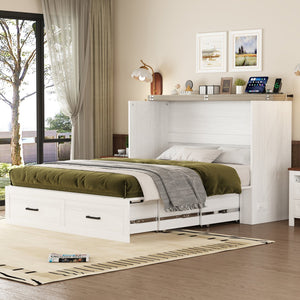 English Elm Queen Murphy Cabinet Bed Farmhouse White Foldable Platform with Storage and Charging N733S237837W