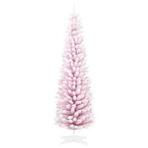 English Elm Homcom 6' Slim Pink Snow Flocked Pencil Christmas Tree For Indoor Decor - Realistic Branches & Easy Setup W2225P229529