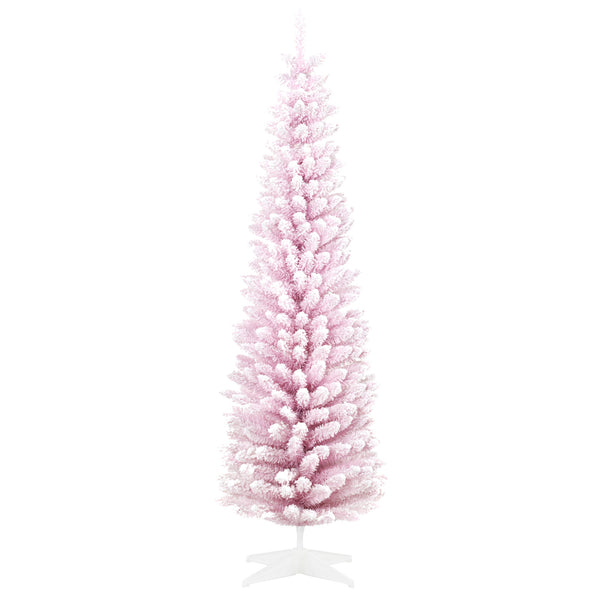 English Elm Homcom 6' Slim Pink Snow Flocked Pencil Christmas Tree For Indoor Decor - Realistic Branches & Easy Setup W2225P229529
