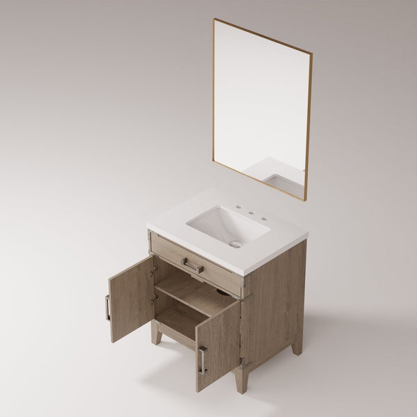 English Elm Grey Oak Single Bath Vanity Set With White Quartz Countertop & 28 In. Mirror For Modern Bathrooms B2731S01457
