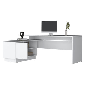 English Elm Weir L-Shaped Desk in Melamine White with Storage Cabinet & Shelves for Modern Compact Offices B128S00014
