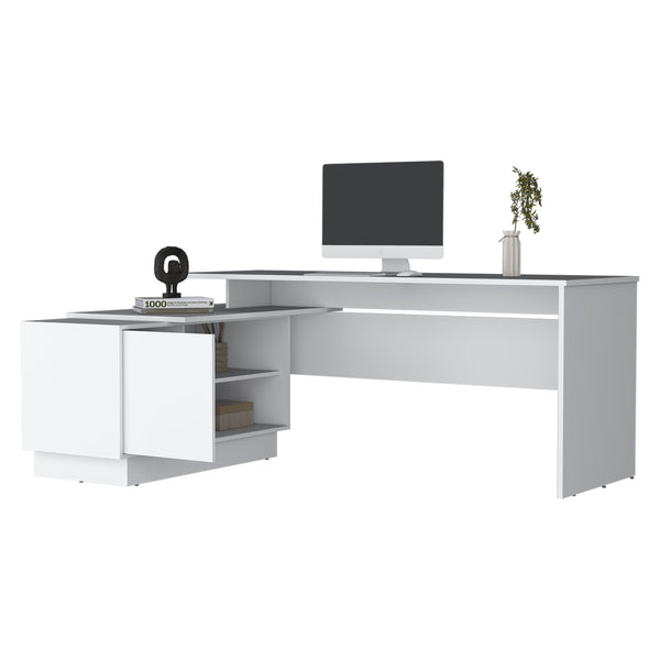 English Elm Weir L-Shaped Desk in Melamine White with Storage Cabinet & Shelves for Modern Compact Offices B128S00014