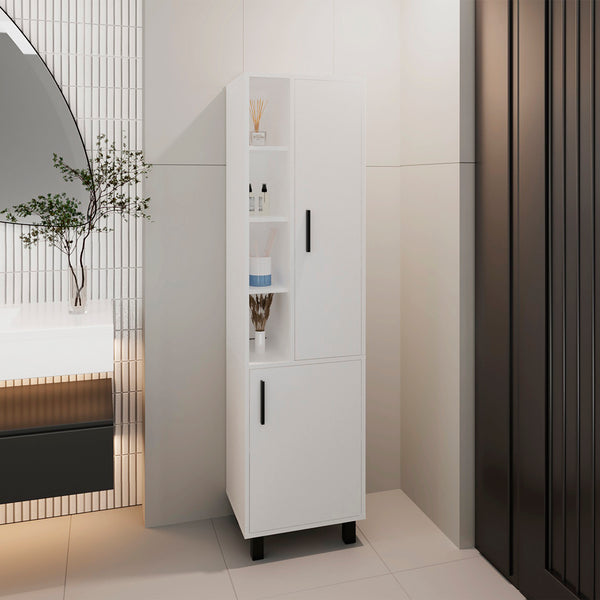 English Elm Delta Storage Cabinet Modern White Bathroom Organizer with 3 Open Shelves, 2 Closed Compartments, Elevated Black Legs — Durable Engineered Wood (45.67x22.83x7) B092P315578