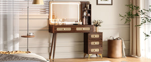 English Elm 47''Vintage Elegant Makeup Vanity with Lights and Mirror, 5-Drawer Rattan Design, Solid Wood Craftsmanship Dark Walnut 46 L x 27 W x 8 H N733P337468D