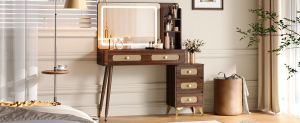 English Elm 47''Vintage Elegant Makeup Vanity with Lights and Mirror, 5-Drawer Rattan Design, Solid Wood Craftsmanship Dark Walnut 46 L x 27 W x 8 H N733P337468D