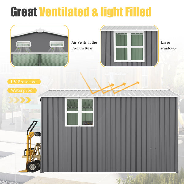 English Elm 10x12 Ft Galvanized Steel Outdoor Shed Dual Zone Lockable Sliding Doors Backyard Storage Dark Gray W1598S00034