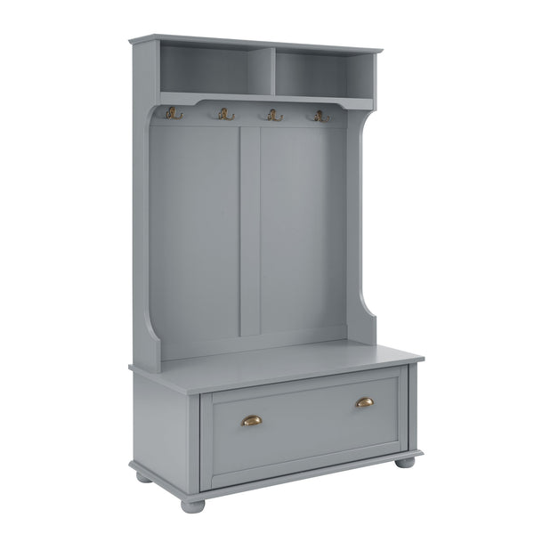 English Elm Modern Classic Hall Tree with Solid Poplar Feet, Double Hooks, Shoe Bench & Antique Hardware Organizer Gray W2275P210039