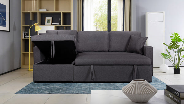English Elm Sorrelle Linen Sleeper Sectional with Reversible Chaise and Hidden Storage Compartment Dark Gray B2749S00040