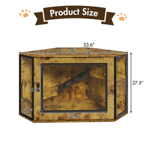 English Elm 48" Corner Mdf Cat Litter Enclosure Cabinet with Led Acrylic Door and Play Loft Tiger N704P402446D