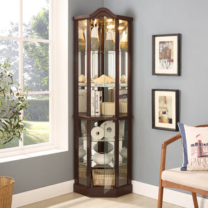 English Elm Glass Corner Curio Cabinet Lighted Dark Wood Display with Carved Crown Floral Detail Cherry W2275P292645