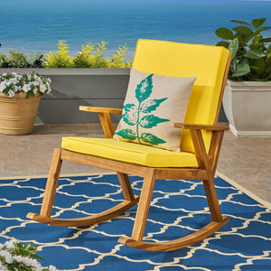 English Elm Champlain Outdoor Acacia Wood Rocking Chair with Cross-back Design and Cushions Teak+Yellow 62685.00YLW