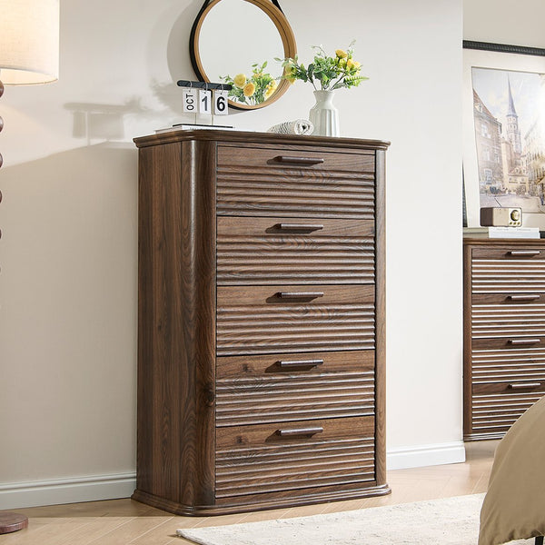 English Elm 6 Drawer Tall Fluted Chest with Waveform Fronts Slim Wooden Storage for Modern Bedroom Walnut T5326P425092
