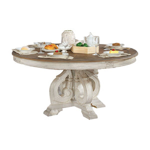 English Elm Dining Table 60 Inch Round Solid Wood Pedestal with Hand Carved Skirt and Inlay Antique White B2741P474004