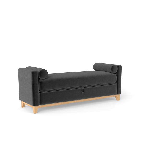English Elm 66 Inch Sherpa Upholstered Storage Bench with Fluted Wood Base and Bolster Pillows Black+Neutral W1658P446125