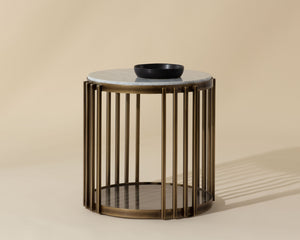 Sunpan Naxos Side Table - Elegant Carrara Marble & Smoked Glass Design with Rustic Bronze Frame for Luxury Spaces
