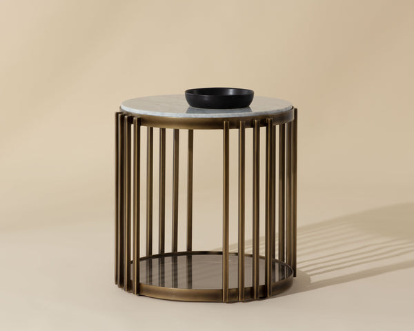 Sunpan Naxos Side Table - Elegant Carrara Marble & Smoked Glass Design with Rustic Bronze Frame for Luxury Spaces