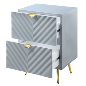 English Elm Grey High Gloss Wave Nightstand with Gold Accents, 2 Drawers, Metal Legs — Modern Textured Storage B062P186417