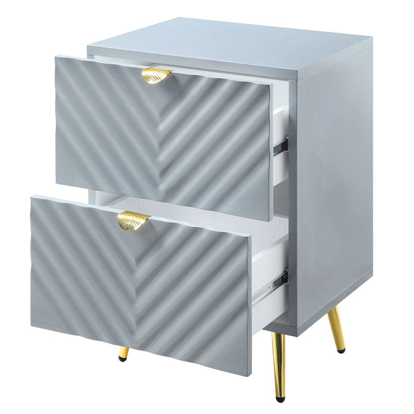 English Elm Grey High Gloss Wave Nightstand with Gold Accents, 2 Drawers, Metal Legs — Modern Textured Storage B062P186417
