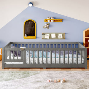 English Elm Twin Floor Bed Solid Pine Frame with Guardrails and Door for Safe Kid Sleep W1580P433578