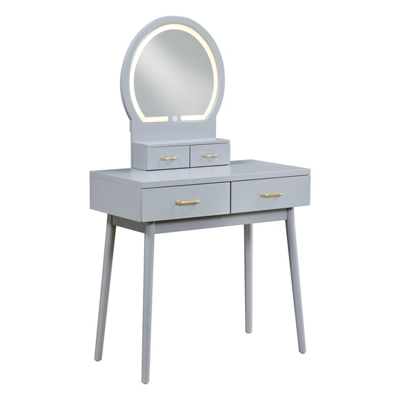 English Elm Beautiful LED Vanity Dresser with Touch Mirror and Padded Stool, Luxe Wood Finish, Brass Pulls, Storage Gray 33.75 L x 21.75 W x 13.25 H B011P347849
