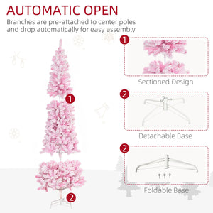 English Elm Homcom 7.5' Tall Slim Pencil Pink Snow Flocked Christmas Tree - Realistic Pine, Easy Setup & Customizable W2225P229660