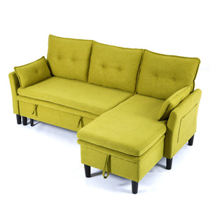 English Elm L-Shaped Reversible Chaise Sectional Sofa with Storage and Fold-Out Bed Cotton-Linen Modern Design Green W3371S00026